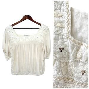 American Eagle Embroidered Peasant Blouse Top Women M White Cottagecore Boho